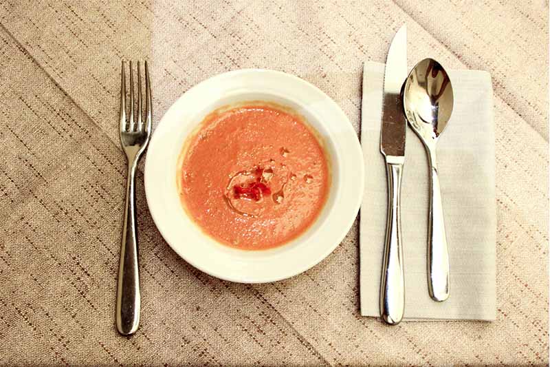 All'interno di un piatto bianco un gazpacho crudista dal colore arancione, accanto delle posate.