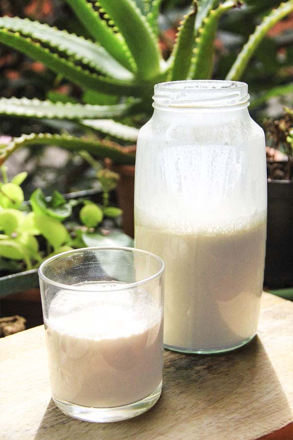 Un bicchiere di latte mezzo pieno accanto ad una bottiglia di latte vegetale.