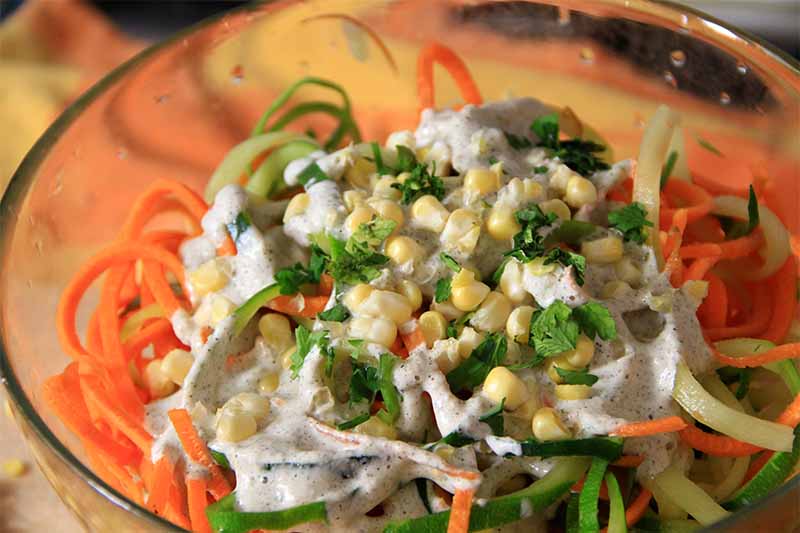Spaghetti bicolore conditi con mais e salsa di canapa